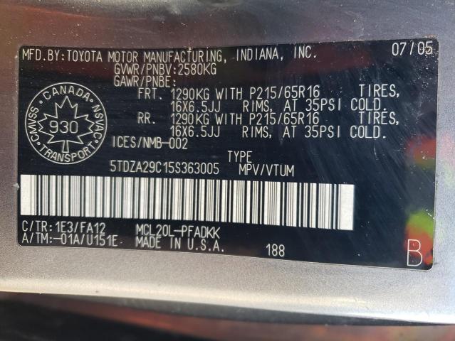 5TDZA29C15S363005 - 2005 TOYOTA SIENNA CE GRAY photo 10