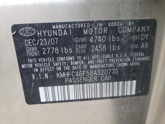 KMHFC46F58A320775 - 2008 HYUNDAI AZERA SE BEIGE photo 10