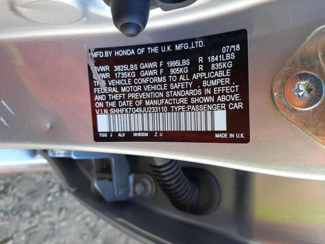 SHHFK7G49JU233110 - 2018 HONDA CIVIC SPOR SILVER photo 10