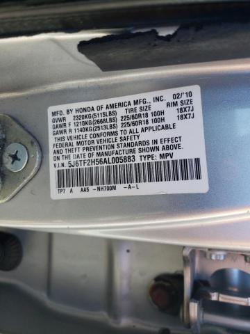 5J6TF2H56AL005883 - 2010 HONDA ACCORD CRO SILVER photo 10