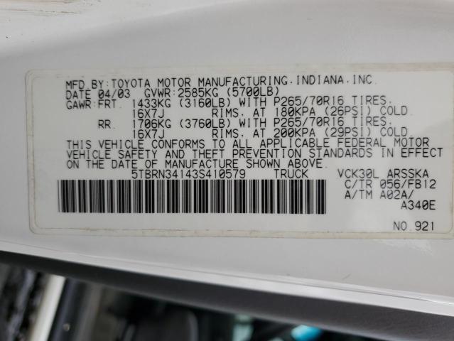5TBRN34143S410579 - 2003 TOYOTA TUNDRA ACC WHITE photo 10