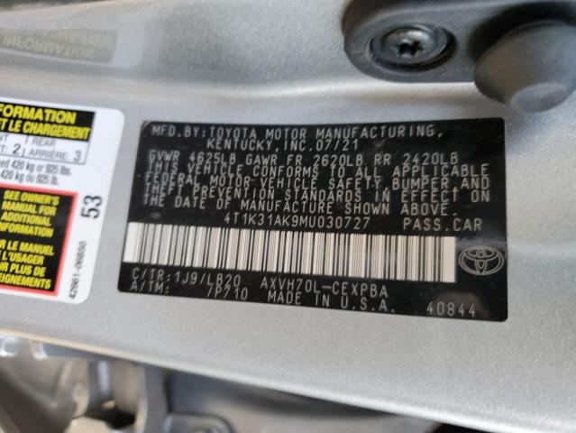 4T1K31AK9MU030727 - 2021 TOYOTA CAMRY XSE SILVER photo 10