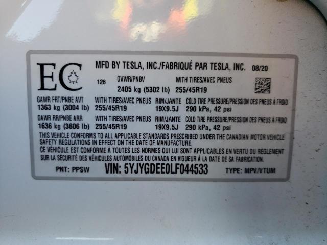 5YJYGDEE0LF044533 - 2020 TESLA MODEL Y Blanc photo 10
