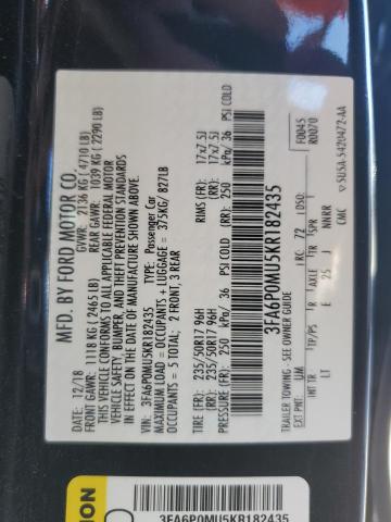 3FA6P0MU5KR182435 - 2019 FORD FUSION SEL BLACK photo 10