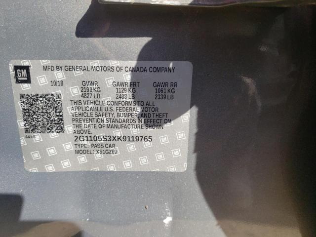 2G1105S3XK9119765 - 2019 CHEVROLET IMPALA PRE ნაცრისფერი ფოტო 10