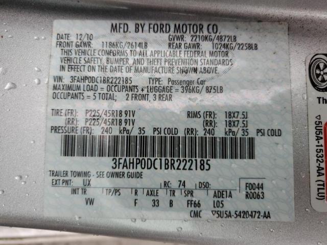 3FAHP0DC1BR222185 - 2011 FORD FUSION SPO SILVER photo 10