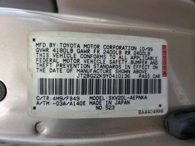 JT2BG22K9Y0410136 - 2000 TOYOTA CAMRY CE GOLD photo 10