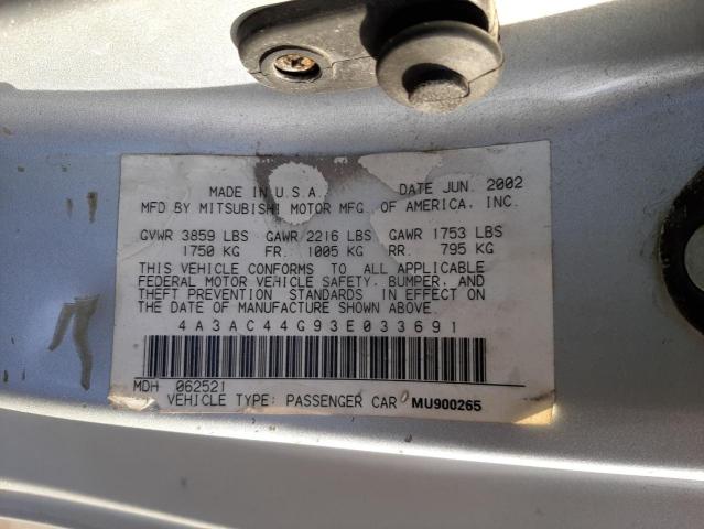 4A3AC44G93E033691 - 2003 MITSUBISHI ECLIPSE GS SILVER photo 10