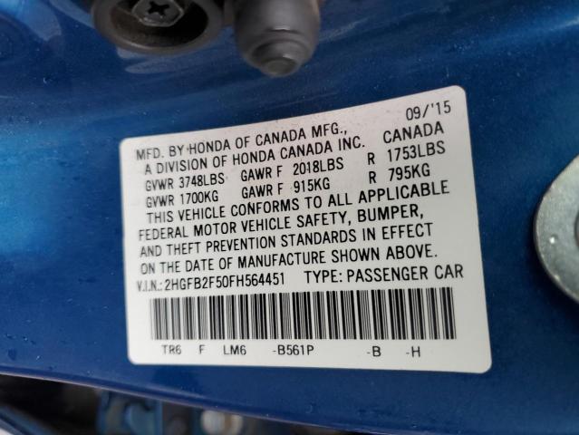 2HGFB2F50FH564451 - 2015 HONDA CIVIC LX BLUE photo 13