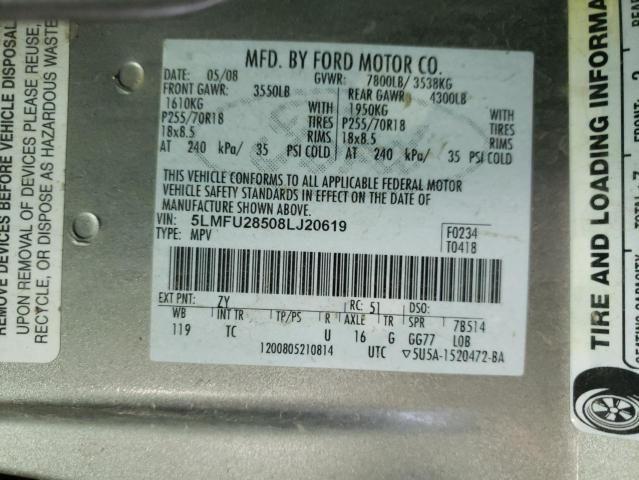 5LMFU28508LJ20619 - 2008 LINCOLN NAVIGATOR 银色 照片 10