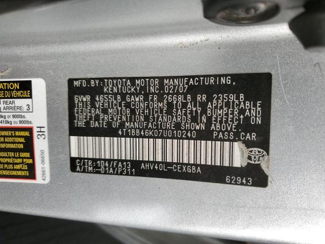 4T1BB46K07U010240 - 2007 TOYOTA CAMRY HYBR SILVER photo 10