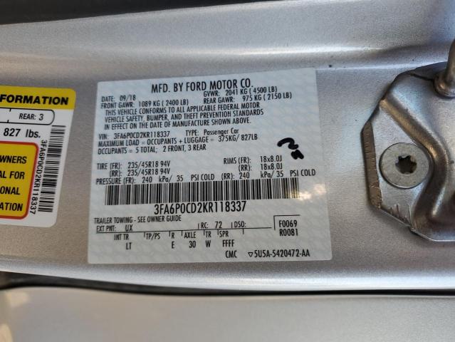 3FA6P0CD2KR118337 - 2019 FORD FUSION SEL SILVER photo 10