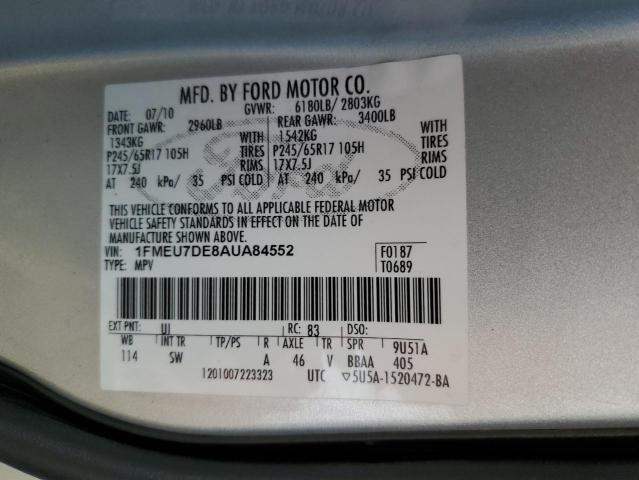 1FMEU7DE8AUA84552 - 2010 FORD EXPLORER X GRAY photo 10