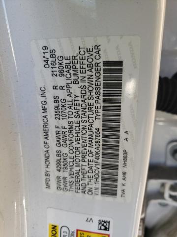 1HGCV1F40KA087654 - 2019 HONDA ACCORD WHITE photo 10