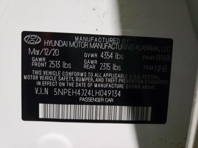 5NPEH4J24LH049134 - 2020 HYUNDAI SONATA LIM WHITE photo 10