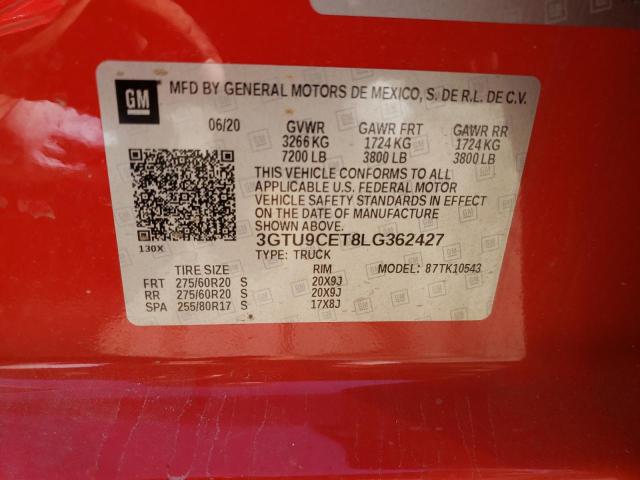 3GTU9CET8LG362427 - 2020 GMC SIERRA K15 RED photo 10