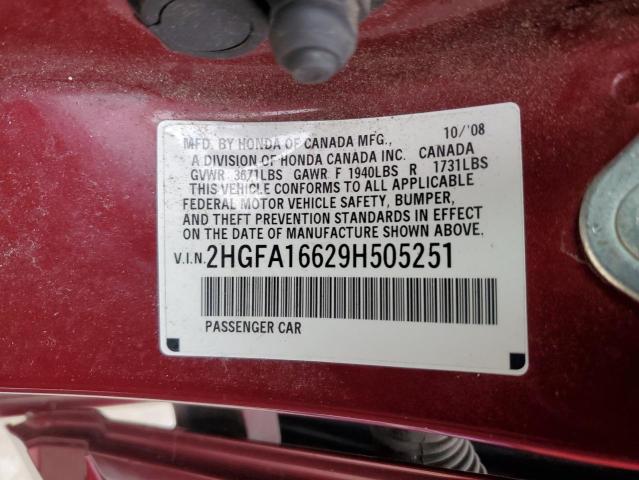 2HGFA16629H505251 - 2009 HONDA CIVIC LX-S برغندي صورة 10