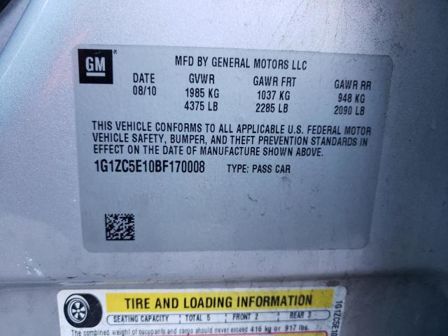 1G1ZC5E10BF170008 - 2011 CHEVROLET MALIBU 1LT 银色 照片 10