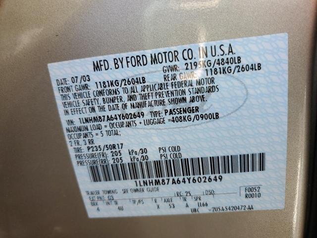 1LNHM87A64Y602649 - 2004 LINCOLN LS 金色 照片 10