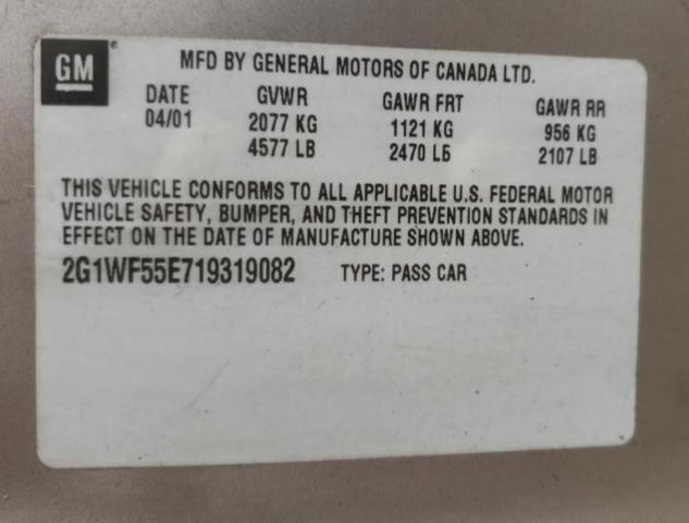 2G1WF55E719319082 - 2001 CHEVROLET IMPALA TAN photo 10