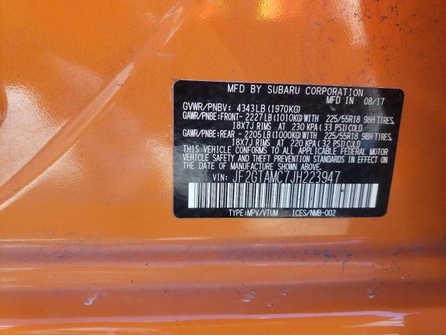 JF2GTAMC7JH223947 - 2018 SUBARU CROSSTREK ORANGE photo 10