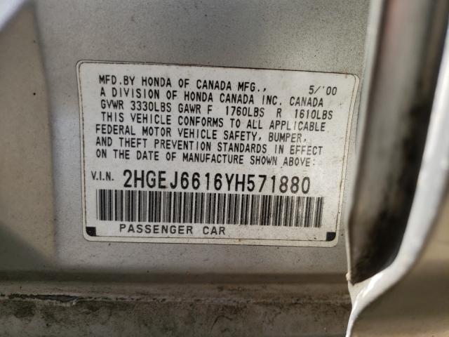 2HGEJ6616YH571880 - 2000 HONDA CIVIC BASE SILVER photo 10