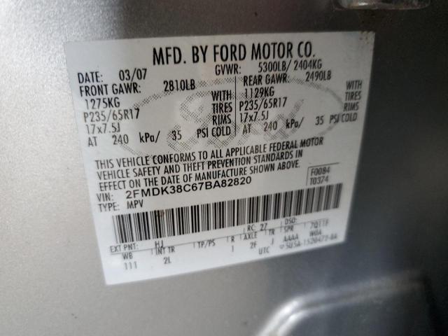 2FMDK38C67BA82820 - 2007 FORD EDGE SEL SILVER photo 10