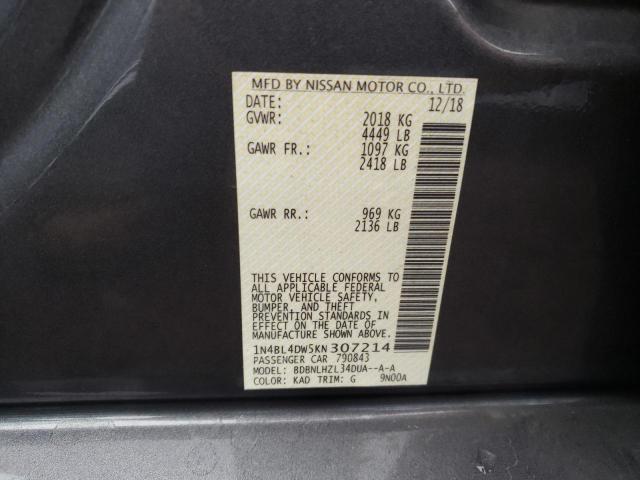 1N4BL4DW5KN307214 - 2019 NISSAN ALTIMA SV GRAY photo 10