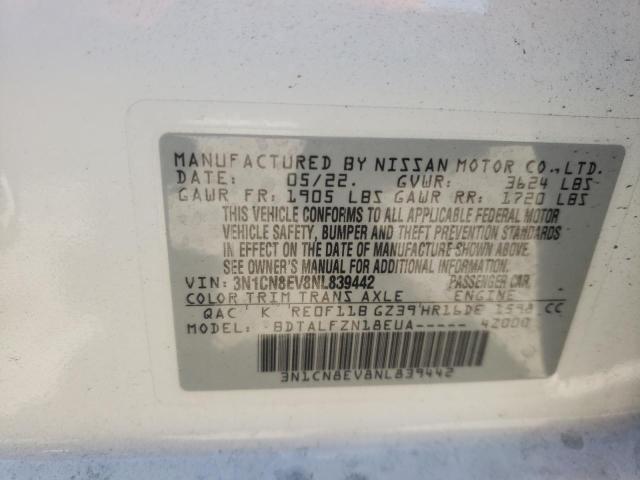 3N1CN8EV8NL839442 - 2022 NISSAN VERSA SV WHITE photo 10