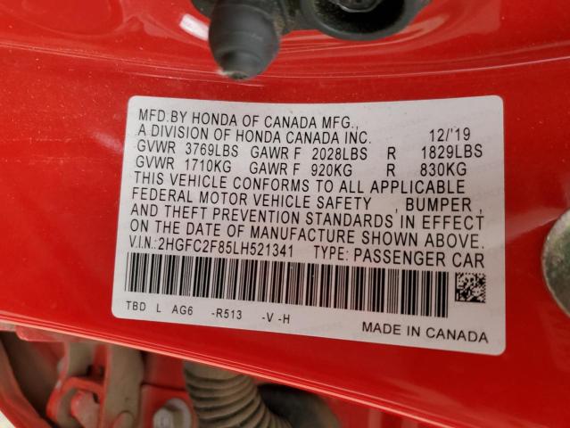 2HGFC2F85LH521341 - 2020 HONDA CIVIC SPOR RED photo 10