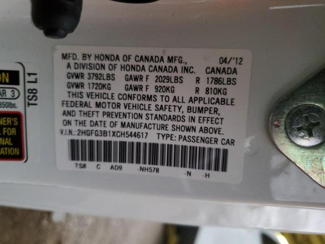 2HGFG3B1XCH544617 - 2012 HONDA CIVIC EXL Ақ фото 10
