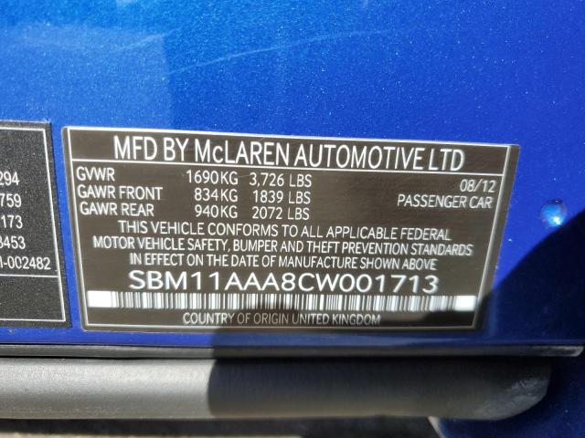 SBM11AAA8CW001713 - 2012 MCLAREN AUTOMOTIVE MP4-12C BLUE photo 10