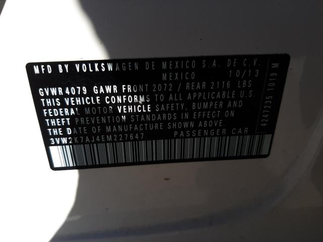 3VW2K7AJ4EM227647 - 2014 VOLKSWAGEN JETTA BASE WHITE photo 10