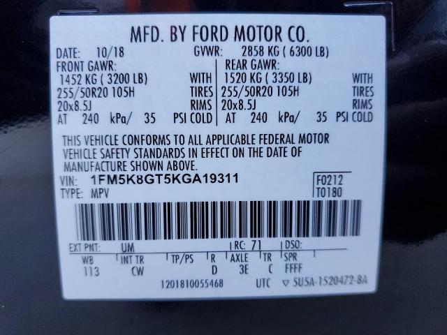 1FM5K8GT5KGA19311 - 2019 FORD EXPLORER S Черный фото 10