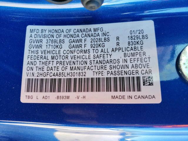 2HGFC4A85LH301832 - 2020 HONDA CIVIC SPOR BLUE photo 10