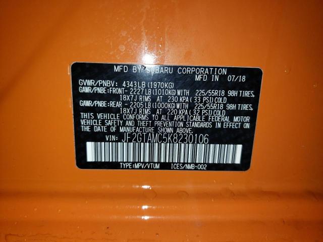 JF2GTAMC5K8230106 - 2019 SUBARU CROSSTREK ORANGE photo 10