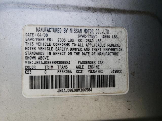 JNKAJ09E98M306584 - 2008 INFINITI EX35 BASE Արծաթագույն լուսանկար 10