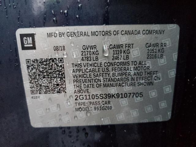 2G1105S39K9107705 - 2019 CHEVROLET IMPALA PRE BLUE photo 10