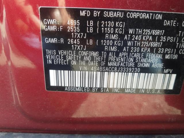 4S4BSACC8J3339230 - 2018 SUBARU OUTBACK 2. RED photo 10