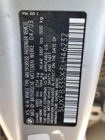 5UXFB335X3LH46232 - 2003 BMW X5 4.4I SILVER photo 10