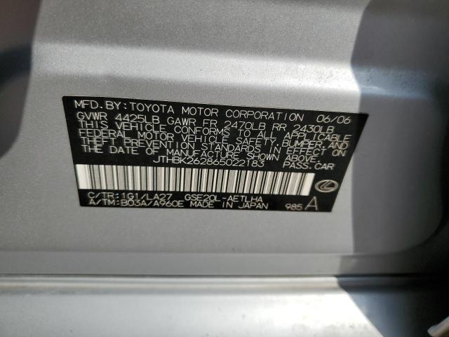 JTHBK262865022183 - 2006 LEXUS IS 250 SILVER photo 10