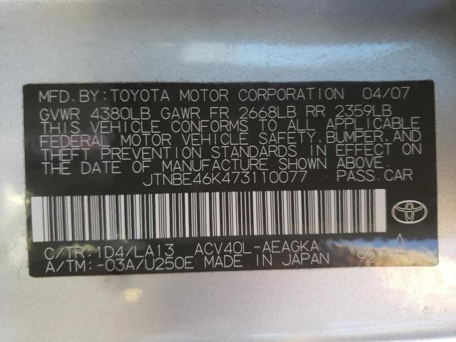 JTNBE46K473110077 - 2007 TOYOTA CAMRY CE SILVER photo 12