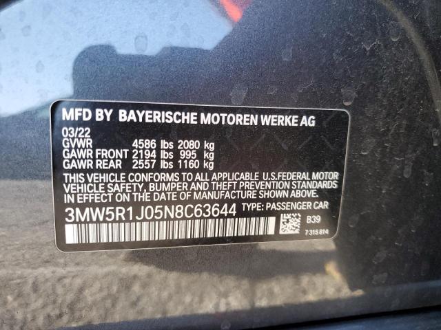 3MW5R1J05N8C63644 - 2022 BMW 330I CHARCOAL photo 12