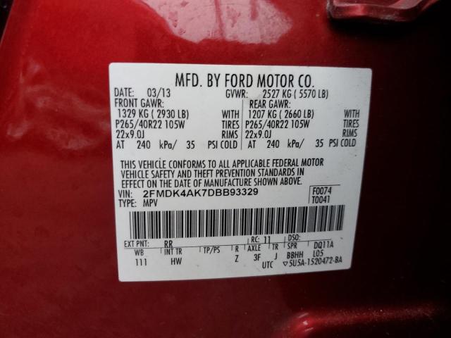 2FMDK4AK7DBB93329 - 2013 FORD EDGE SPORT MAROON photo 10