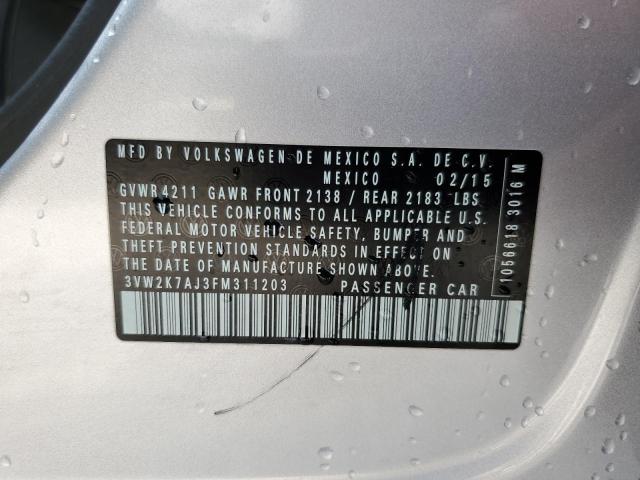 3VW2K7AJ3FM311203 - 2015 VOLKSWAGEN JETTA BASE 银色 照片 10