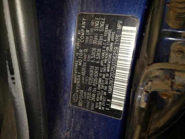 KM8JN72D75U106259 - 2005 HYUNDAI TUCSON BLUE photo 10