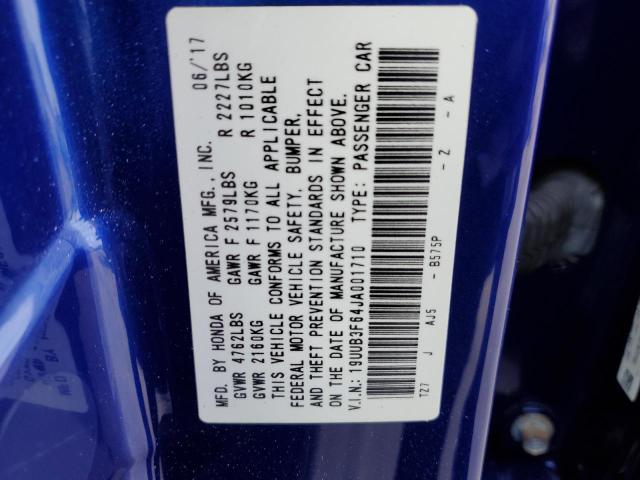 19UUB3F64JA001710 - 2018 ACURA TLX TECH+A BLUE photo 10