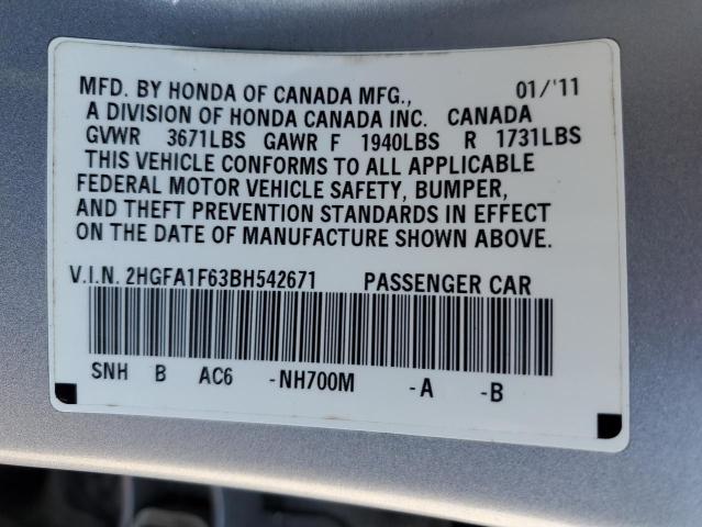 2HGFA1F63BH542671 - 2011 HONDA CIVIC LX-S SILVER photo 10