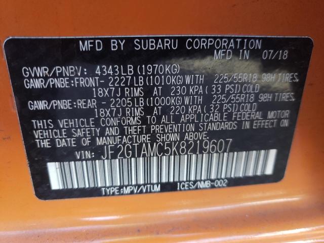 JF2GTAMC5K8219607 - 2019 SUBARU CROSSTREK ORANGE photo 10