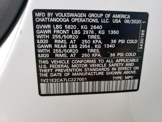 1V21E2CA7LC227001 - 2020 VOLKSWAGEN ATLAS CROS Белый фото 10